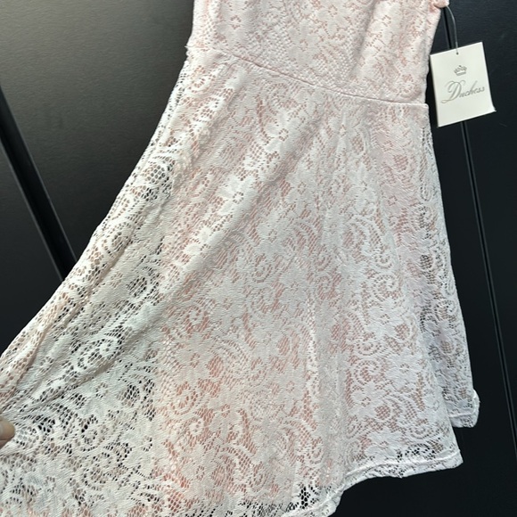 Duchess Lace Overlay, lined, bow front, keyhole button back,sleeveless dress - Picture 3 of 8